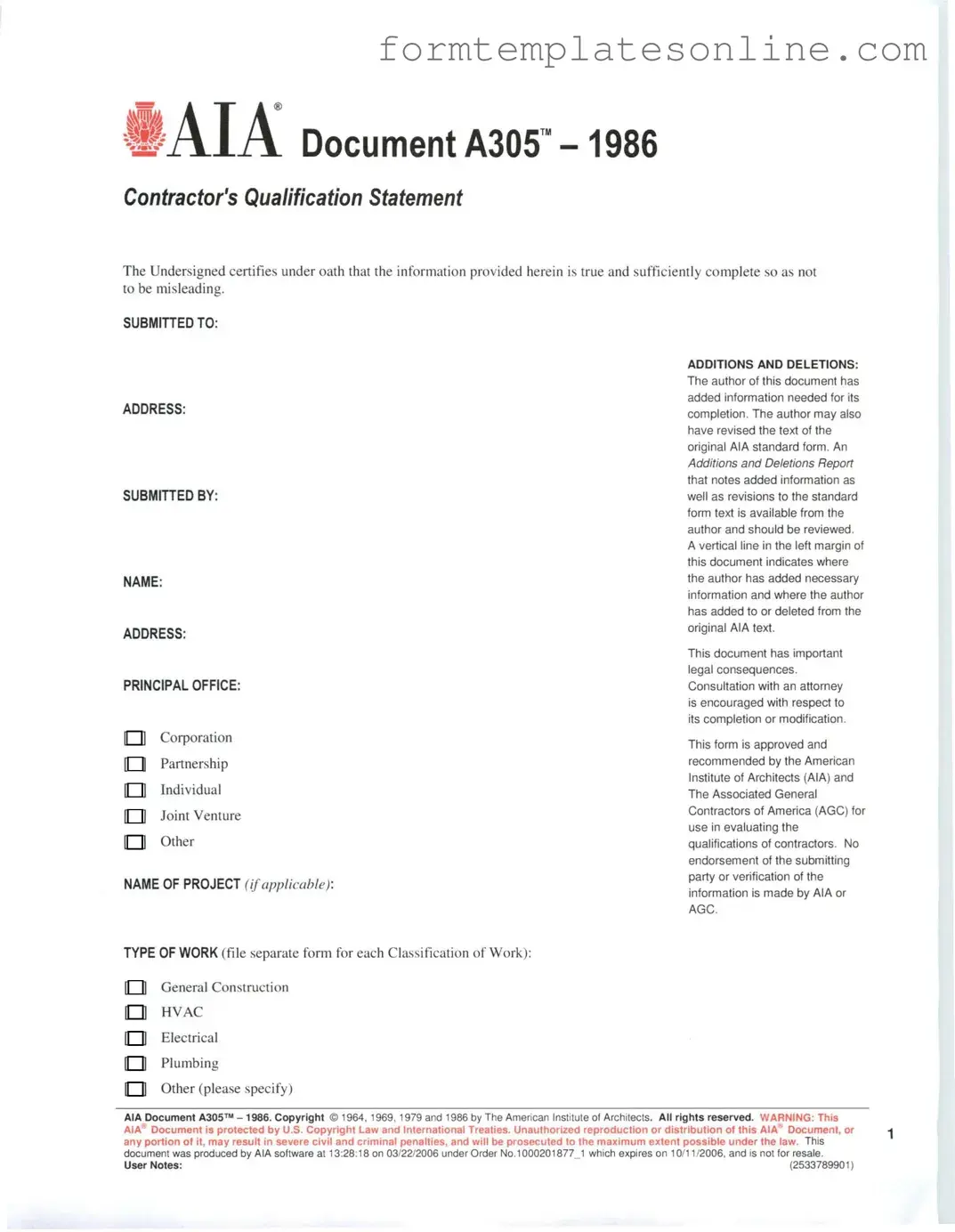 AIA A305 PDF Form