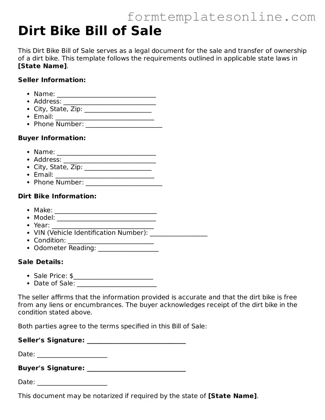 Attorney-Approved Dirt Bike Bill of Sale Template
