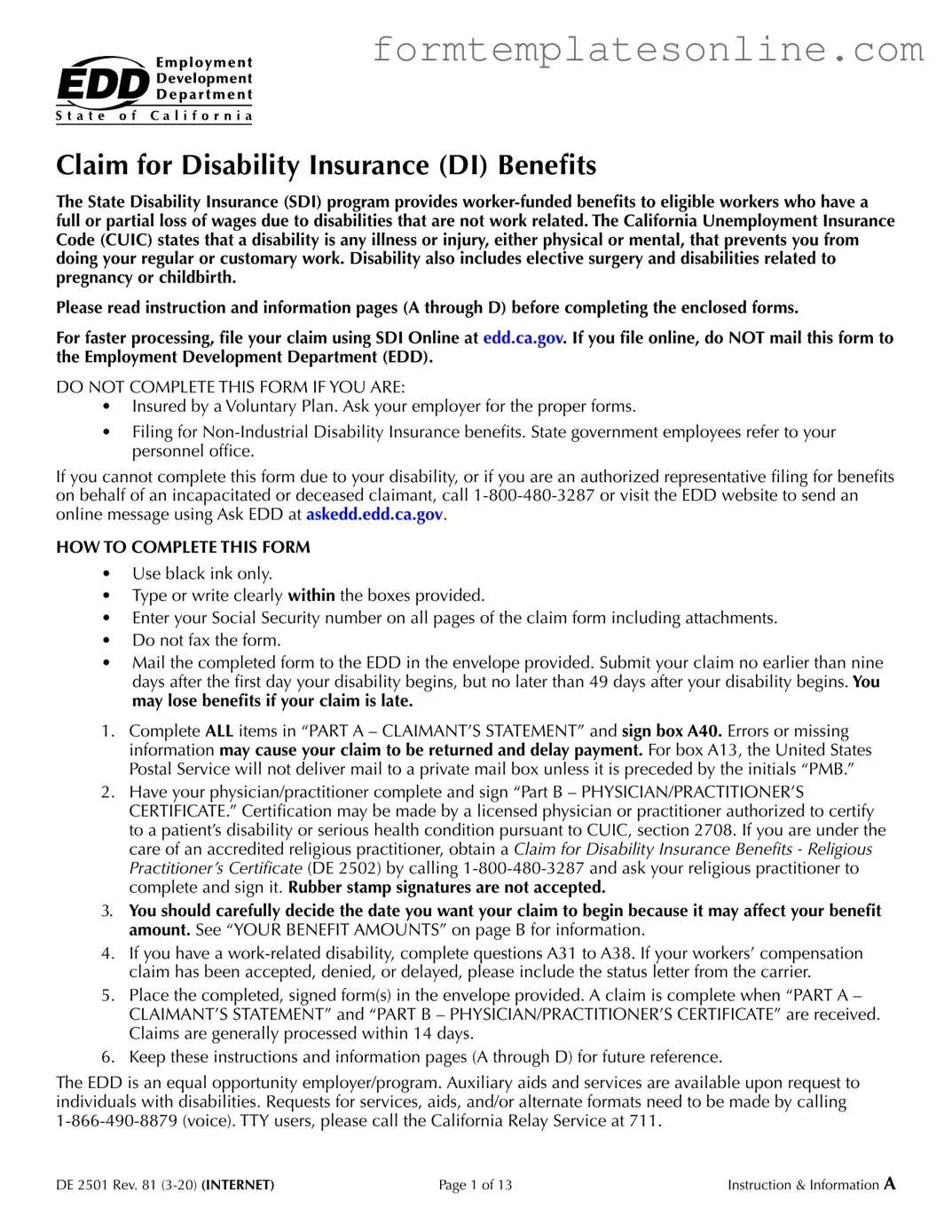 EDD DE 2501 PDF Form
