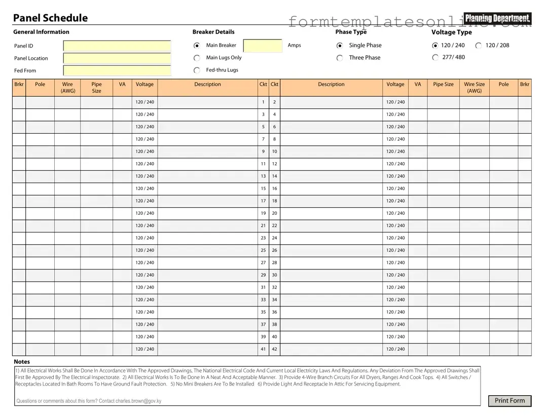 Electrical Panel Schedule PDF Form