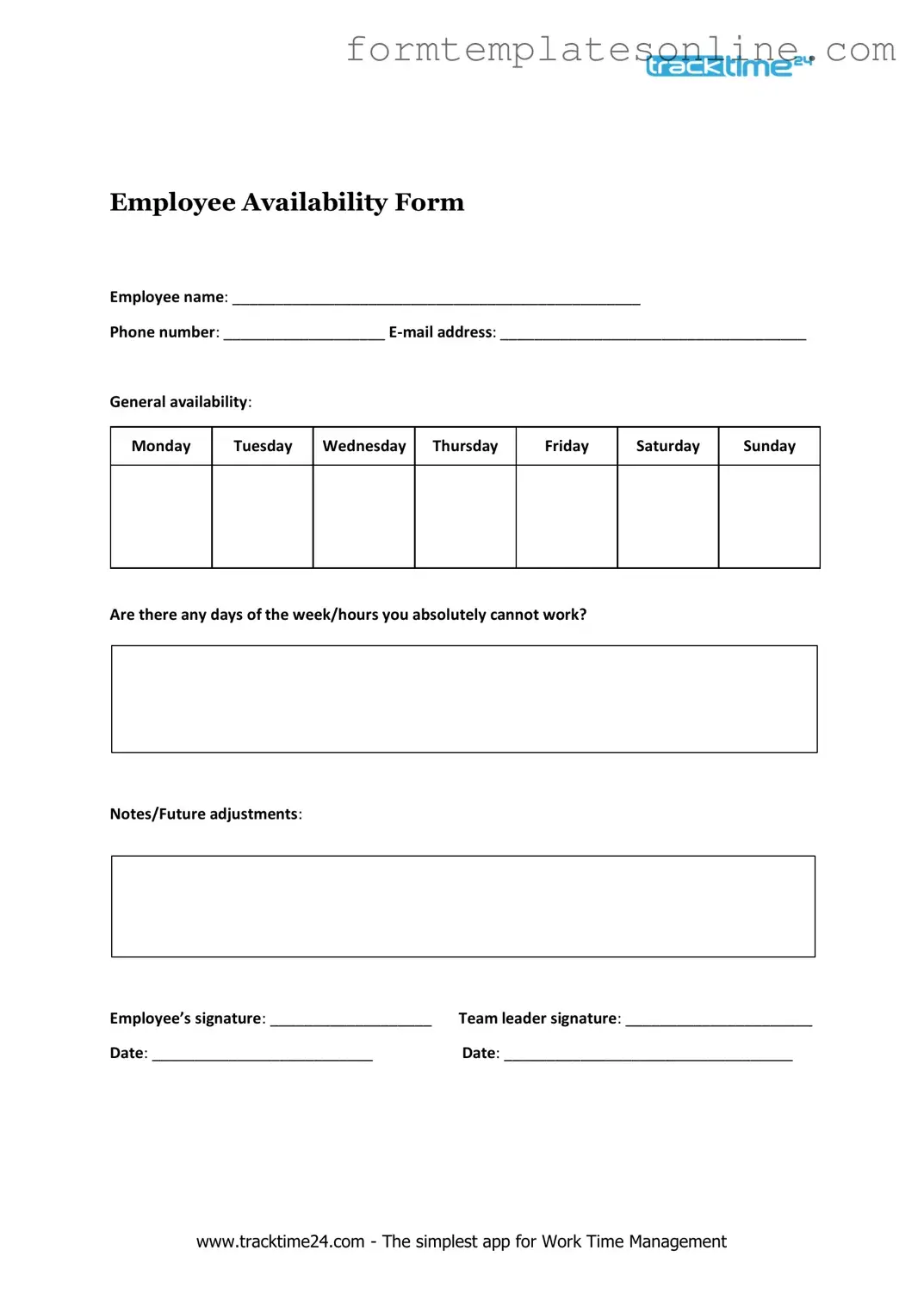 Employee Availability PDF Form