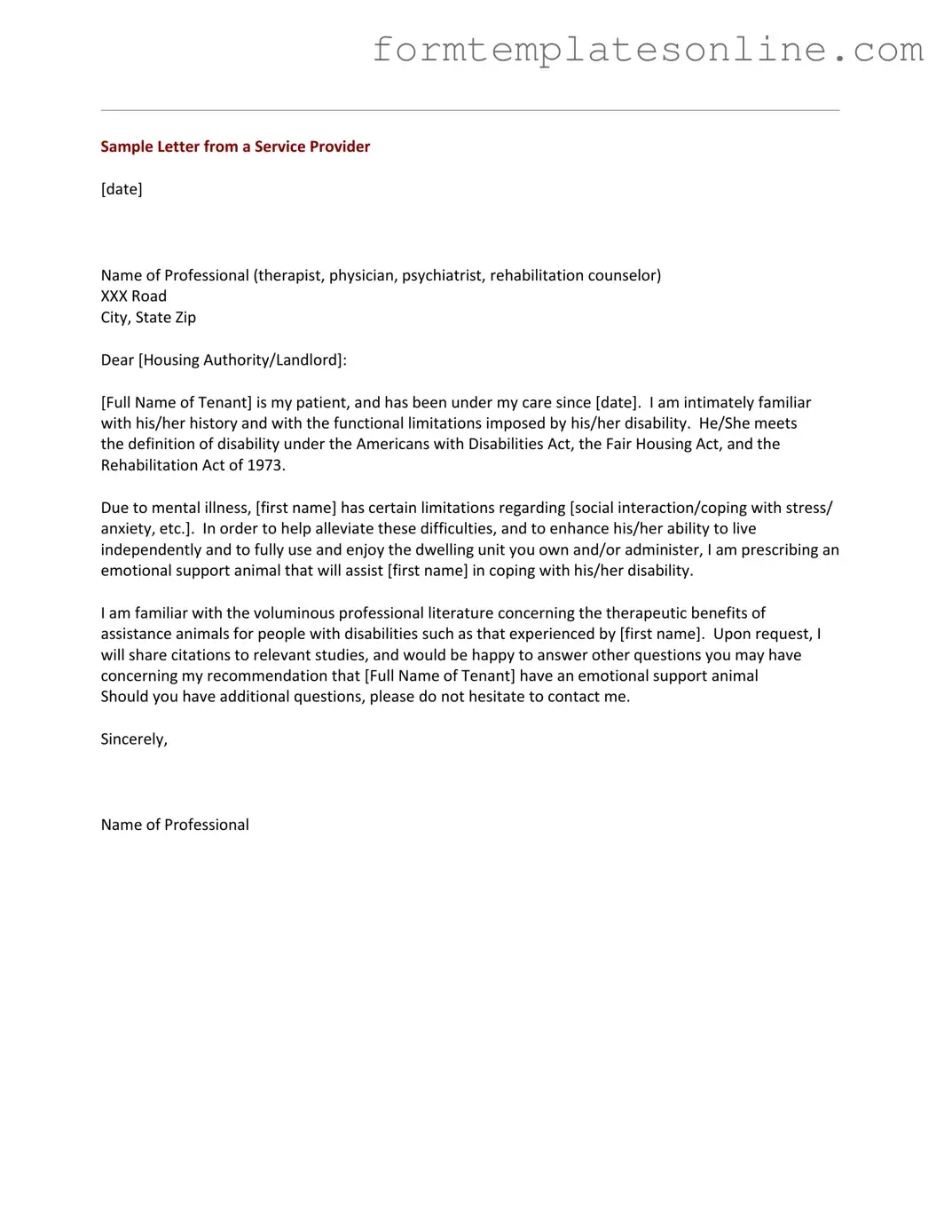 Emotional Support Animal Letter PDF Form