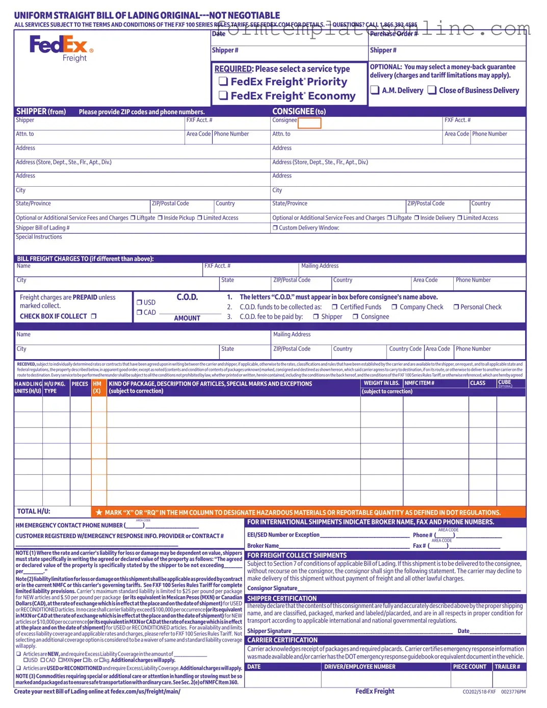Fedex Bill Of Lading PDF Form