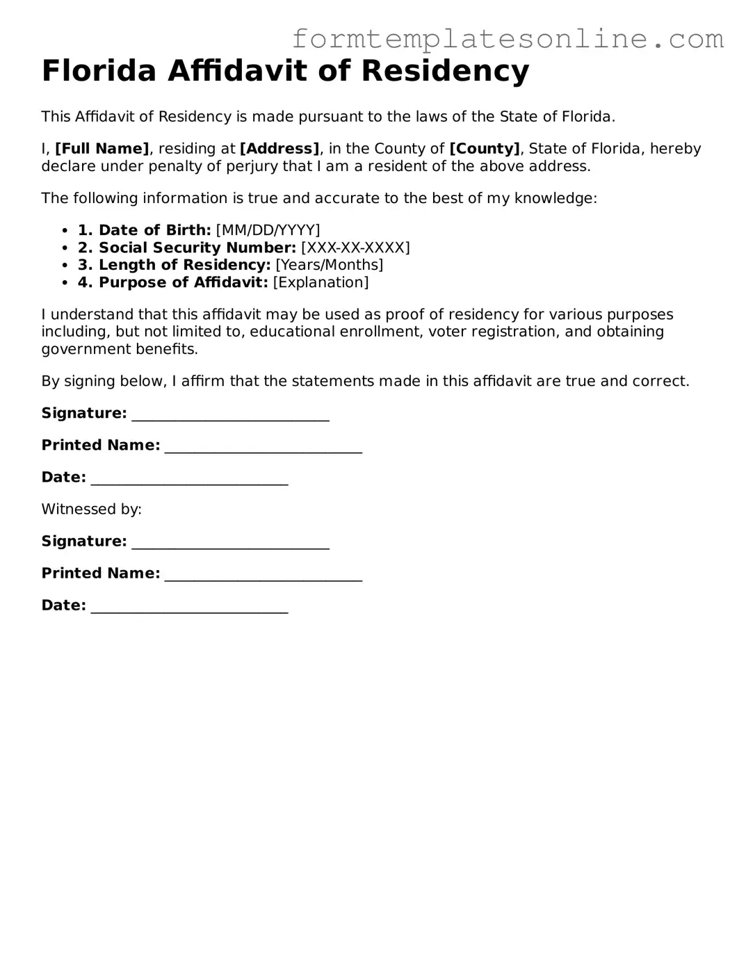 Valid  Affidavit of Residency Form for Florida
