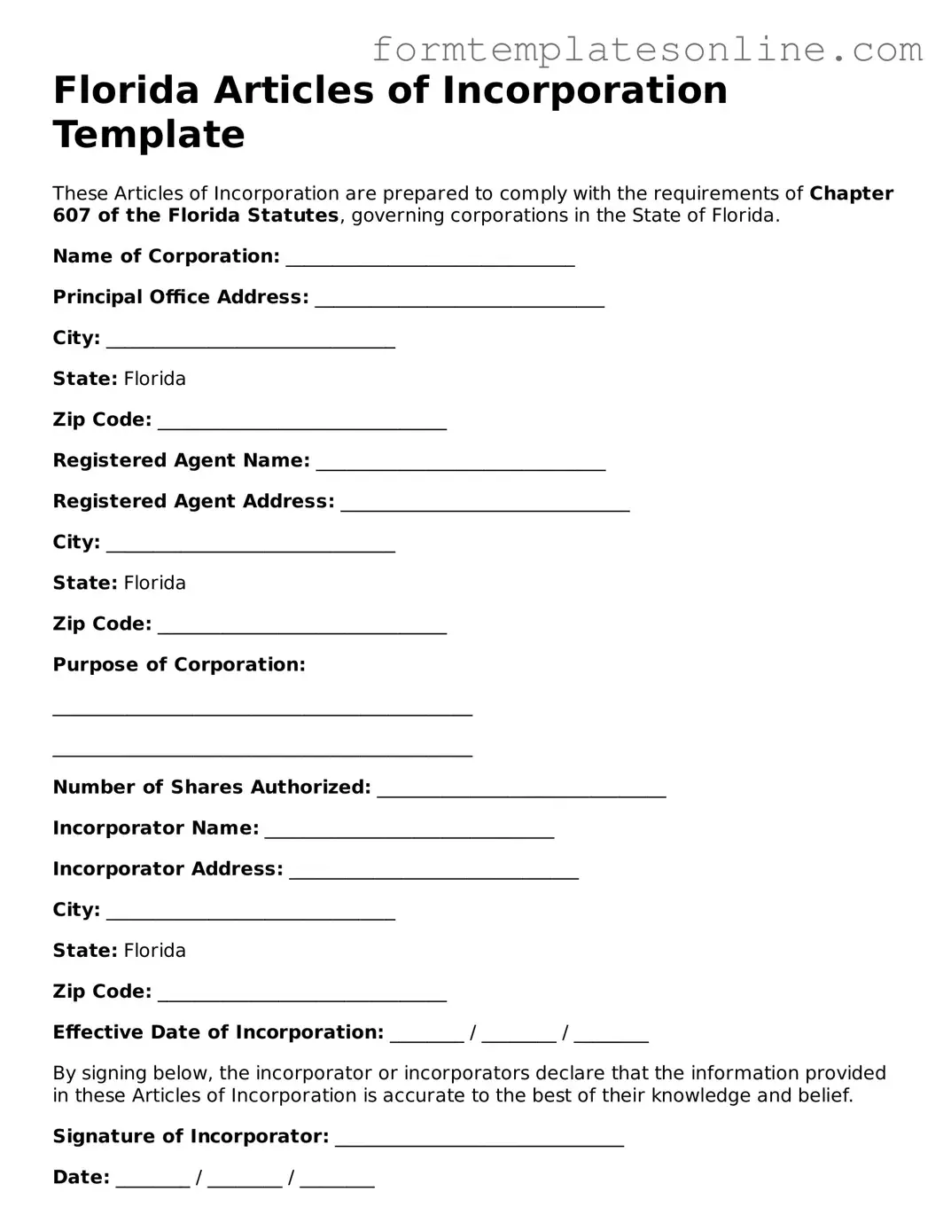 Valid  Articles of Incorporation Form for Florida