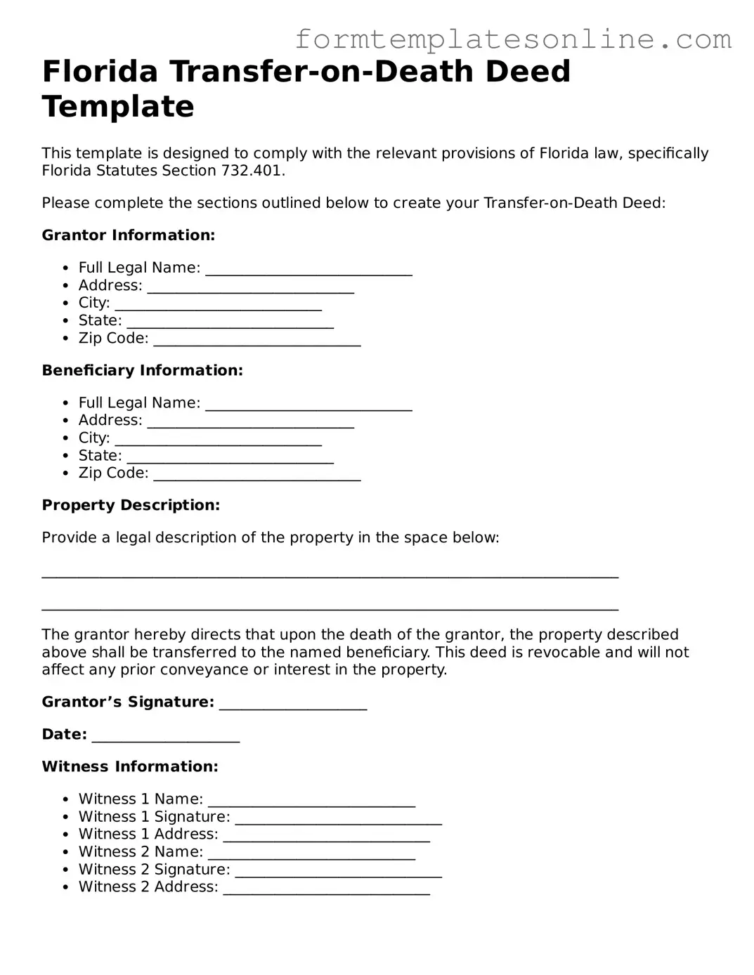 Valid  Transfer-on-Death Deed Form for Florida