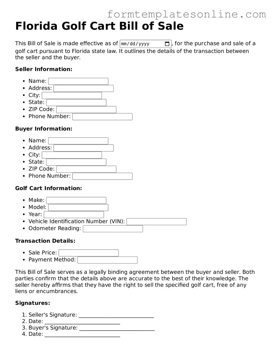 Valid  Golf Cart Bill of Sale Form for Florida