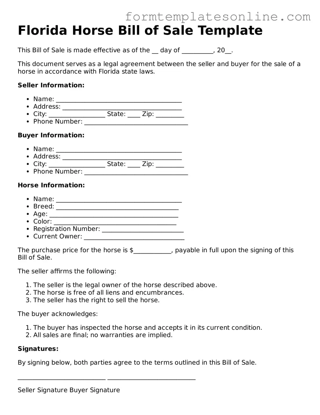 Valid  Horse Bill of Sale Form for Florida