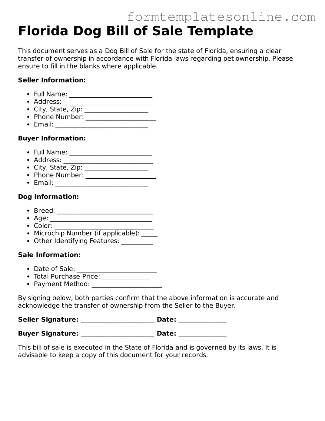 Valid  Dog Bill of Sale Form for Florida