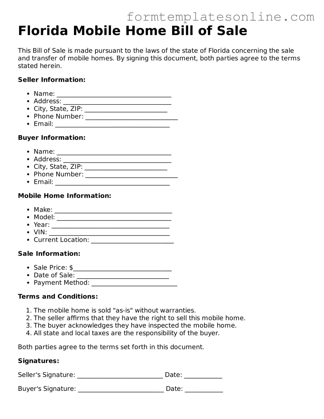 Valid  Mobile Home Bill of Sale Form for Florida