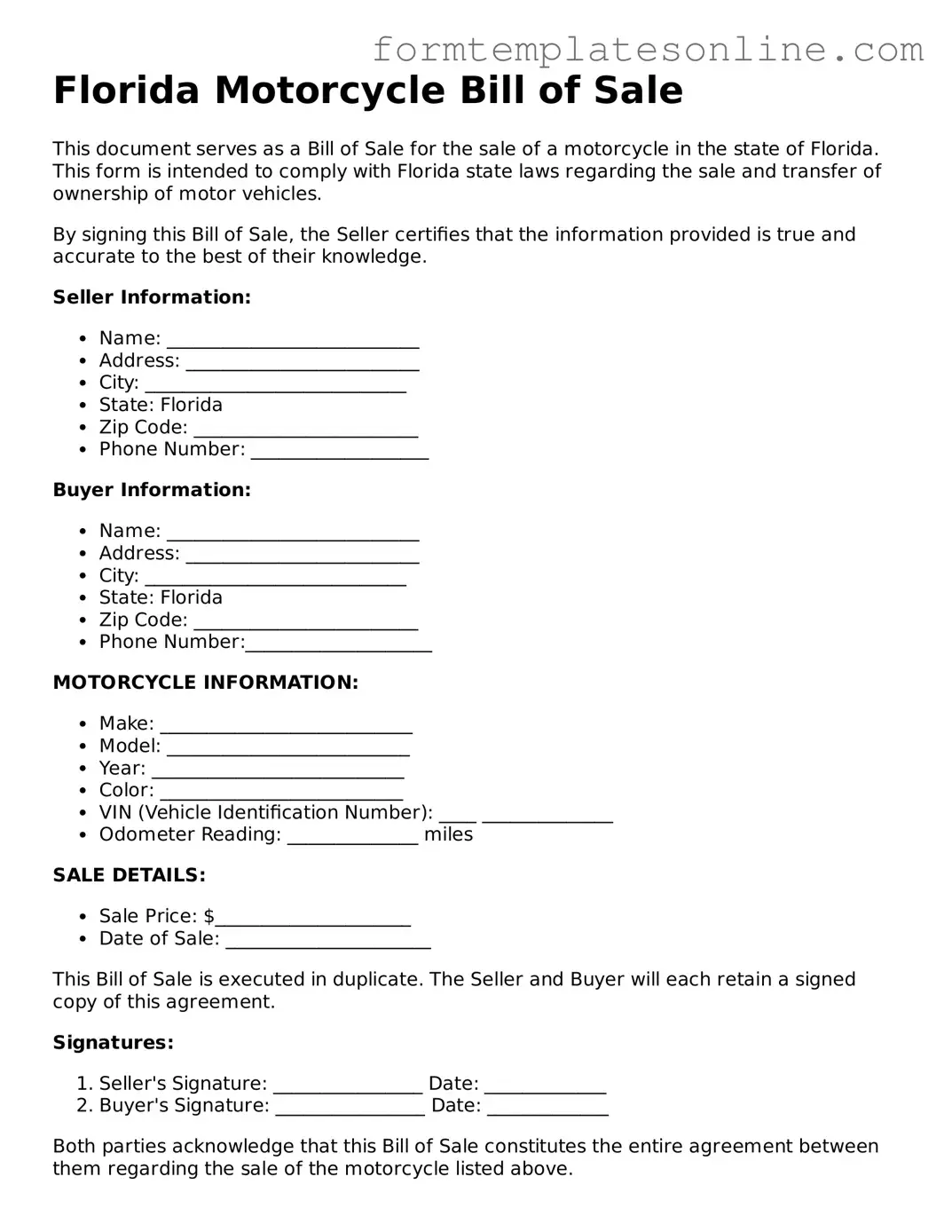 Valid  Motorcycle Bill of Sale Form for Florida