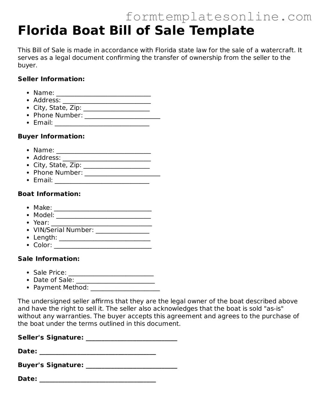 Valid  Boat Bill of Sale Form for Florida