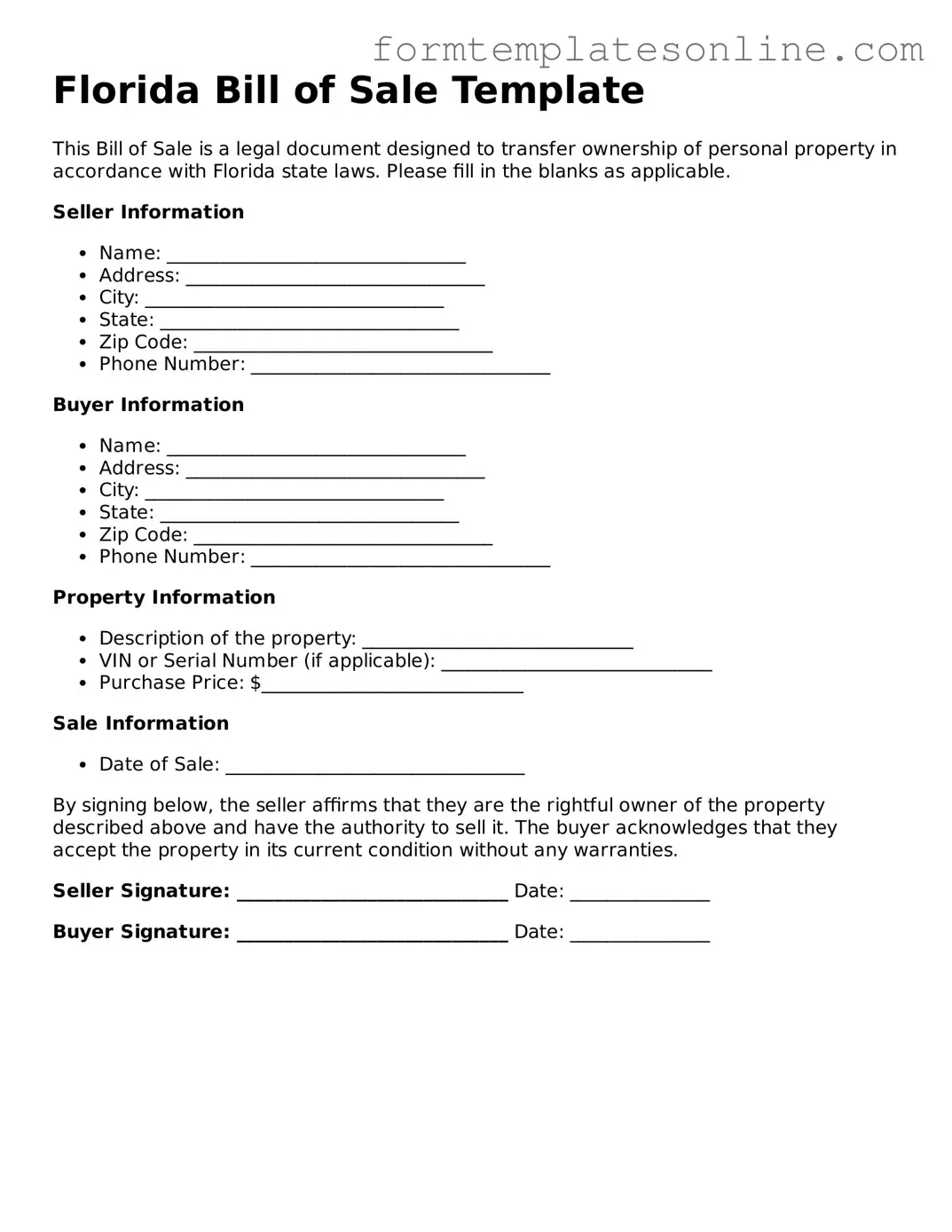 Valid  Bill of Sale Form for Florida