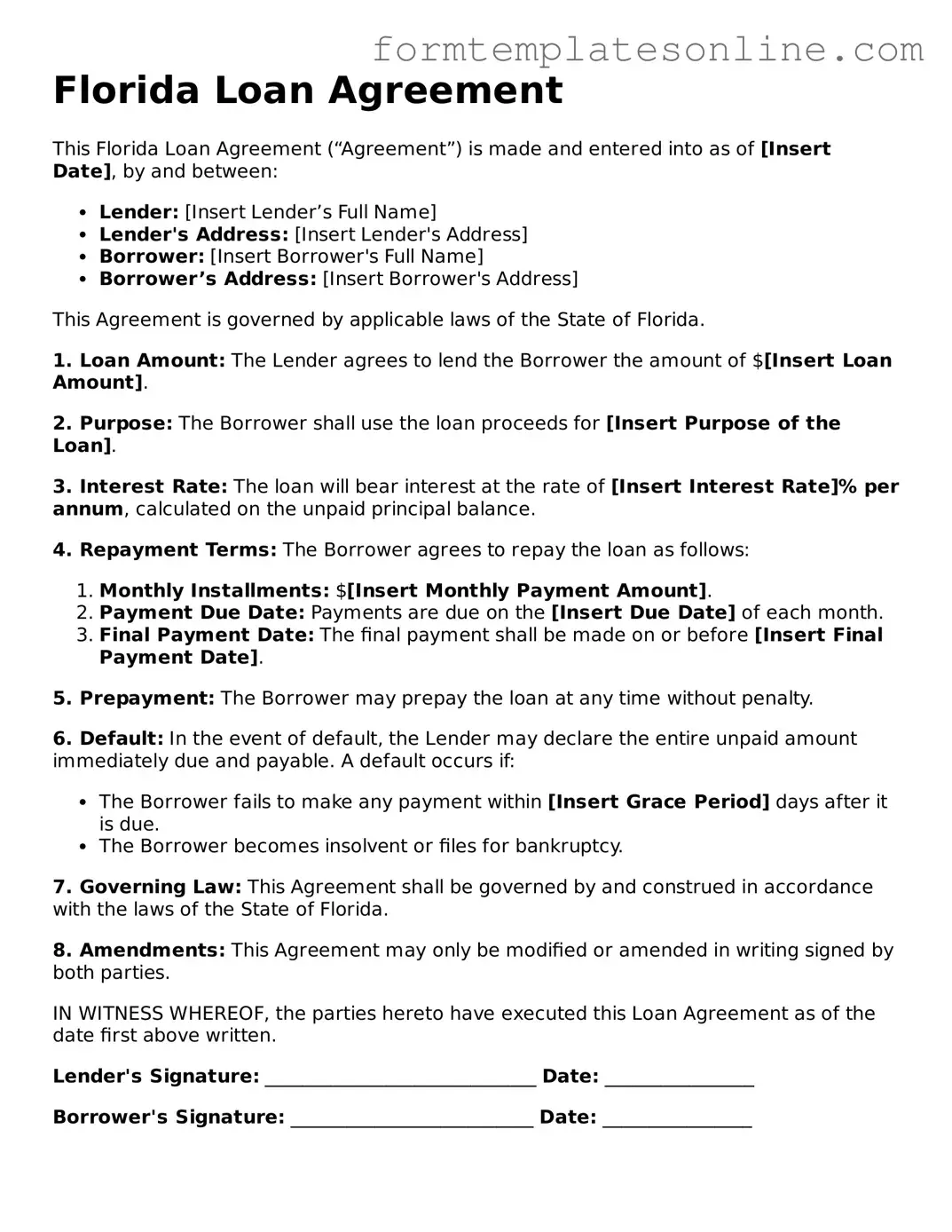 Valid  Loan Agreement Form for Florida