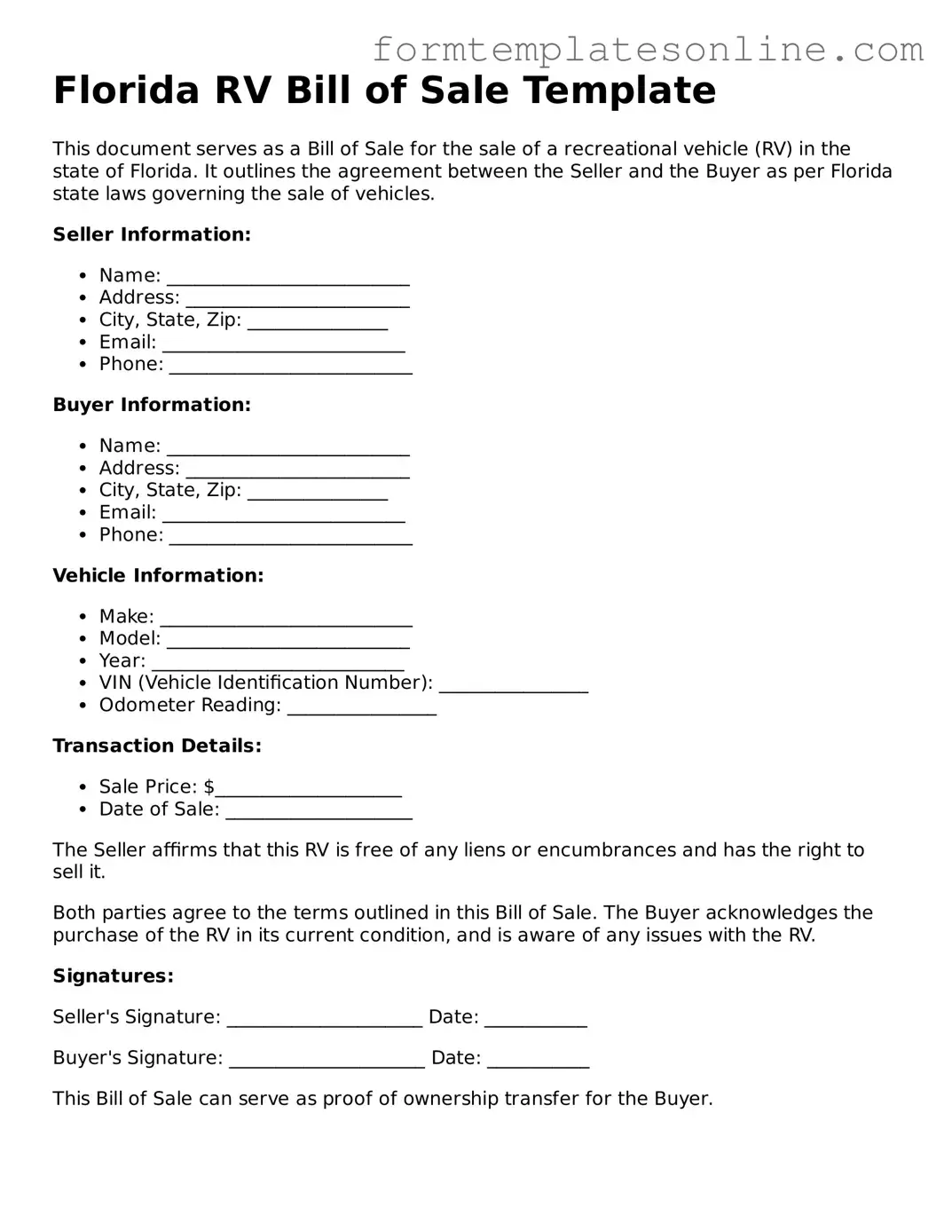 Valid  RV Bill of Sale Form for Florida