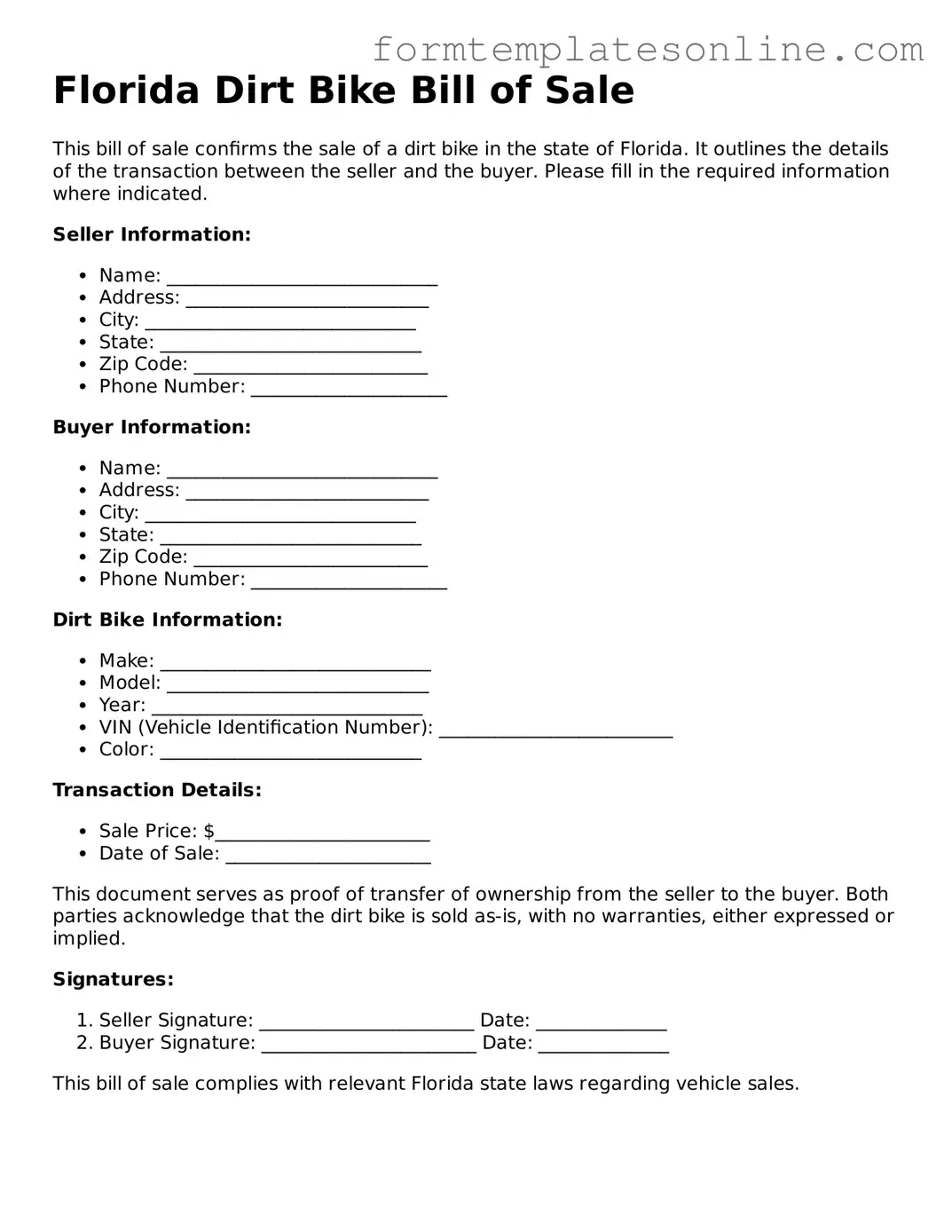 Valid  Dirt Bike Bill of Sale Form for Florida