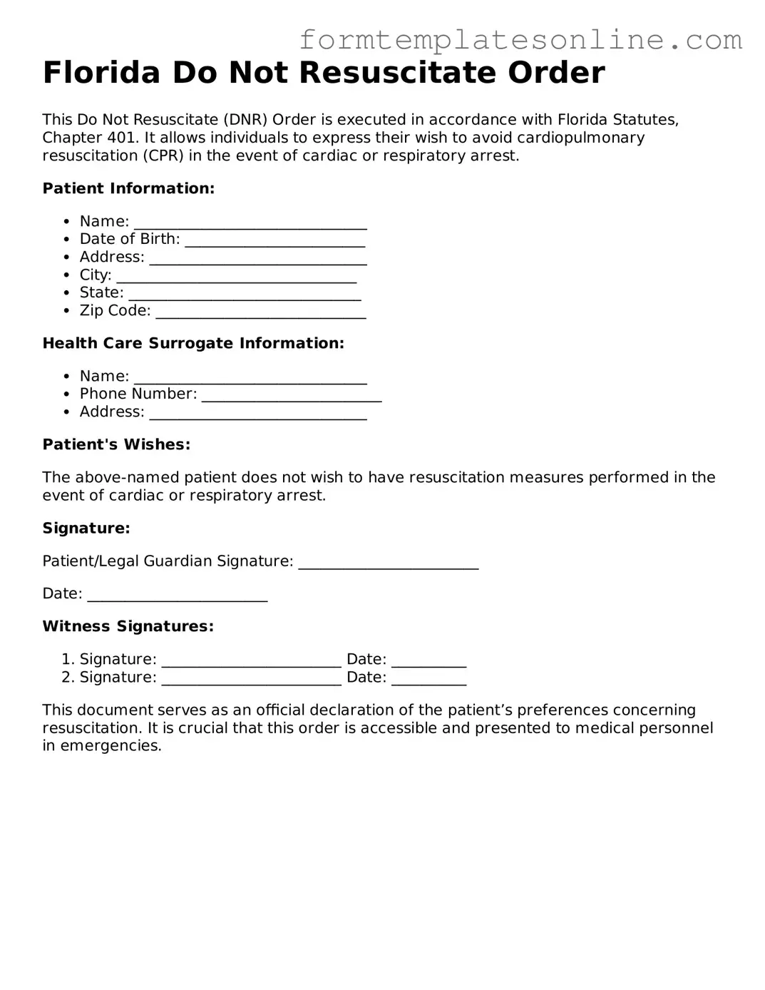 Valid  Do Not Resuscitate Order Form for Florida
