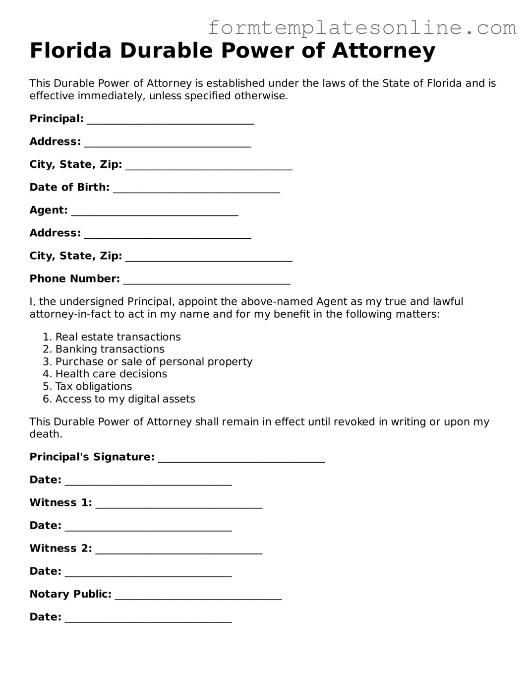 Valid  Durable Power of Attorney Form for Florida