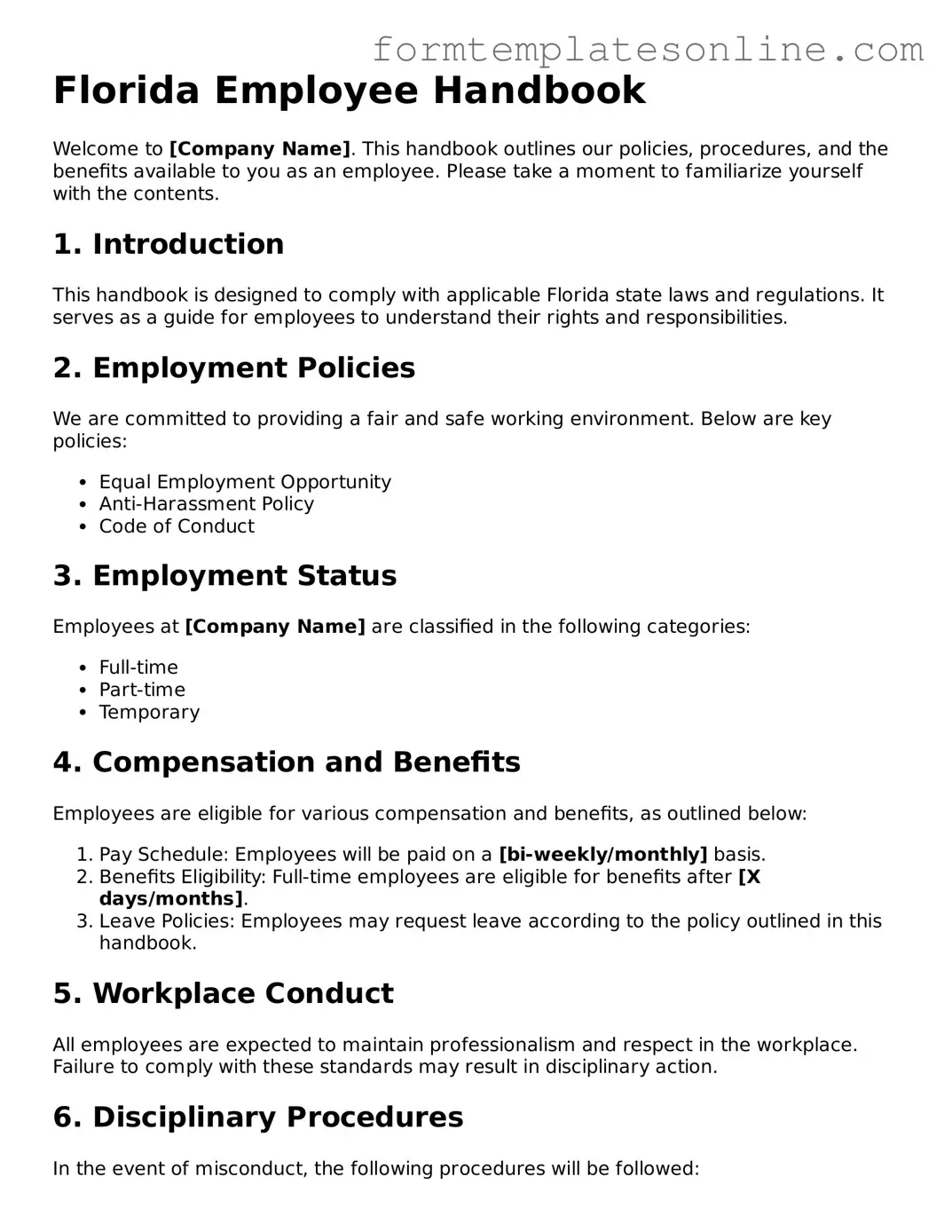 Valid  Employee Handbook Form for Florida