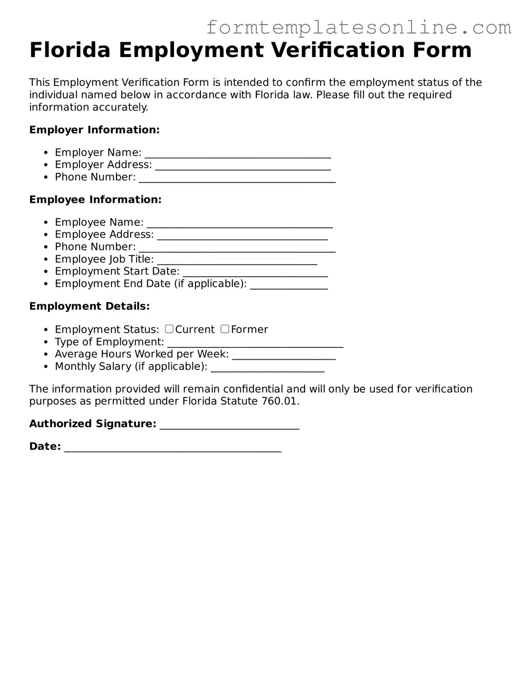 Valid  Employment Verification Form for Florida