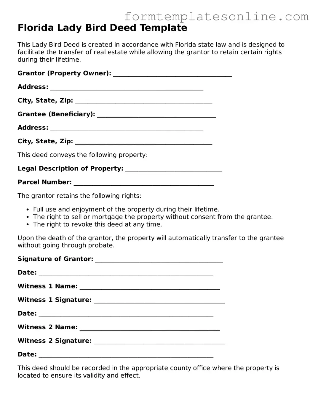 Valid  Lady Bird Deed Form for Florida