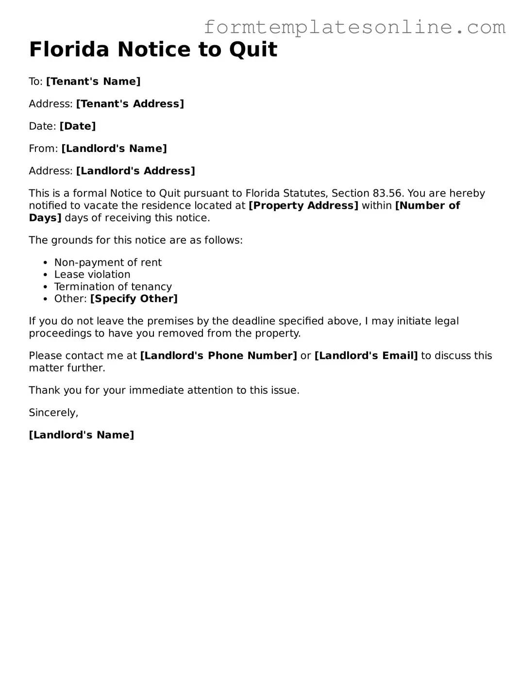 Valid Notice to Quit Form for Florida
