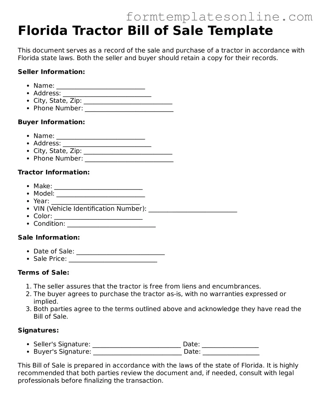 Valid  Tractor Bill of Sale Form for Florida