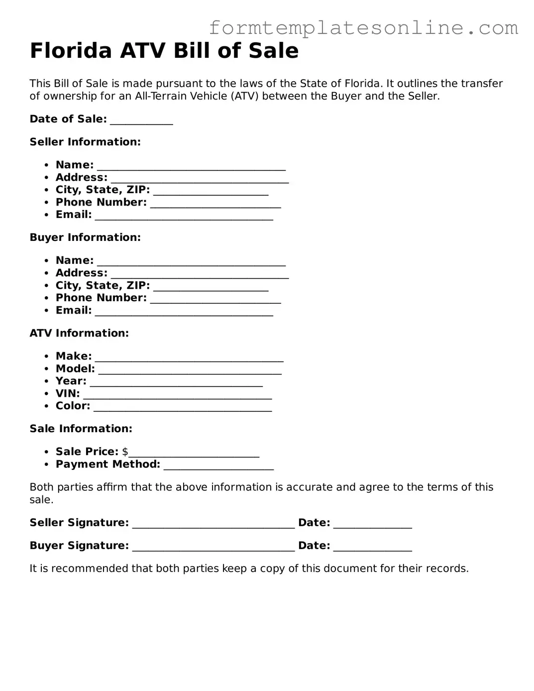 Valid  ATV Bill of Sale Form for Florida