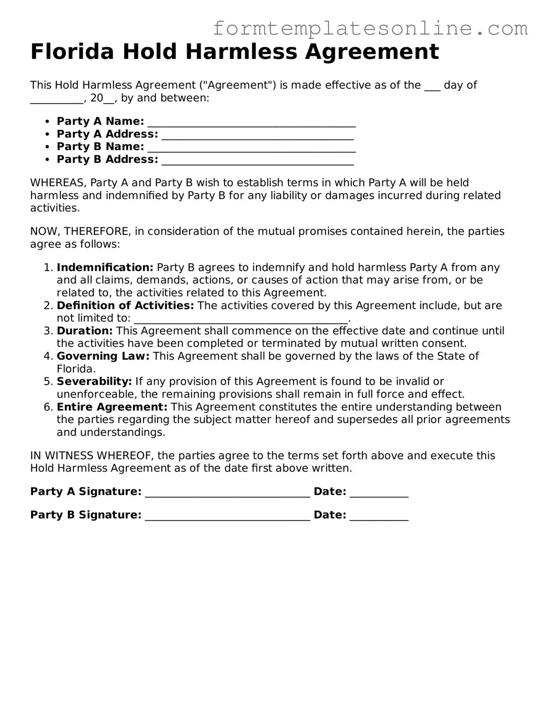 Valid  Hold Harmless Agreement Form for Florida