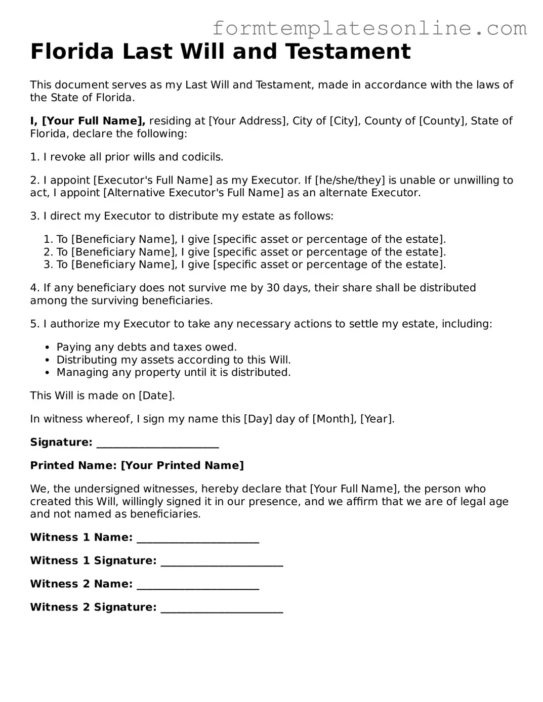 Valid  Last Will and Testament Form for Florida