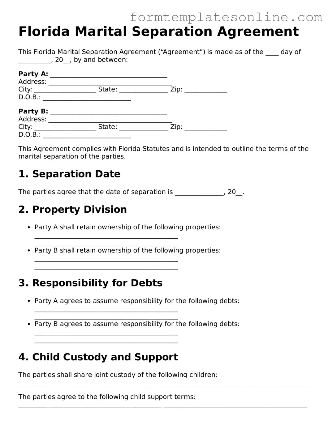 Valid  Marital Separation Agreement Form for Florida