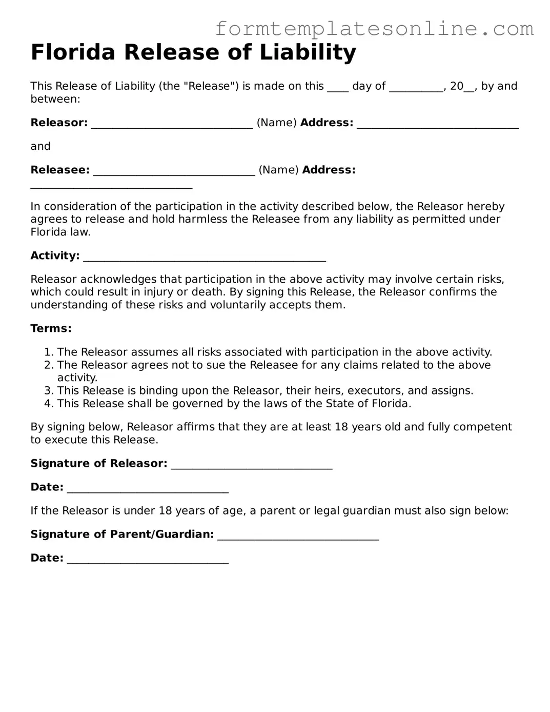 Valid  Release of Liability Form for Florida