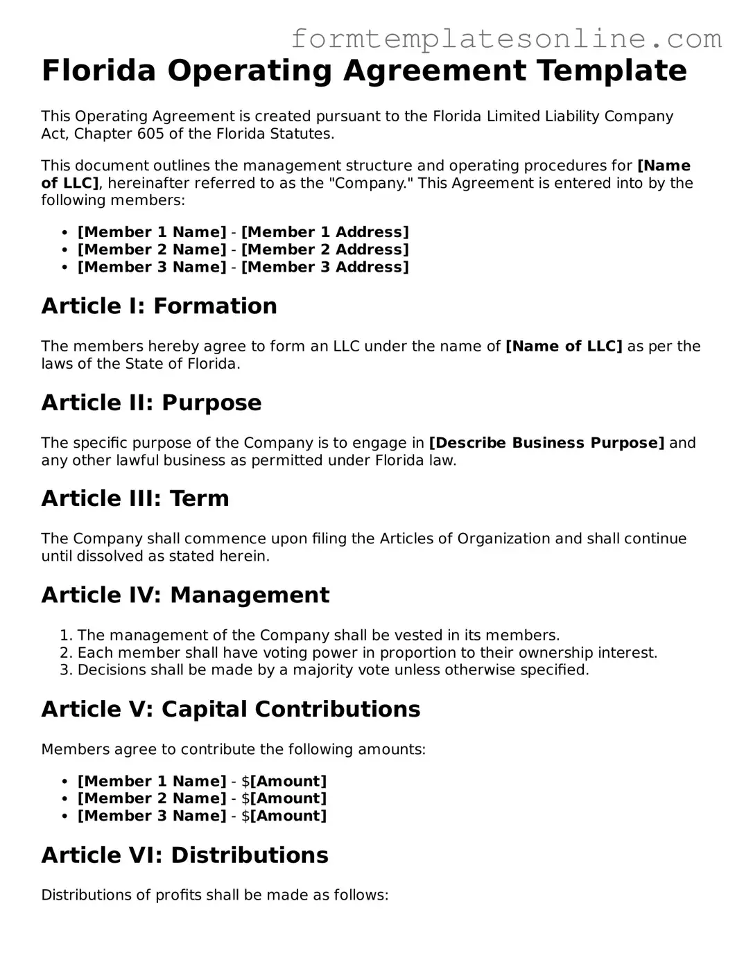 Valid  Operating Agreement Form for Florida