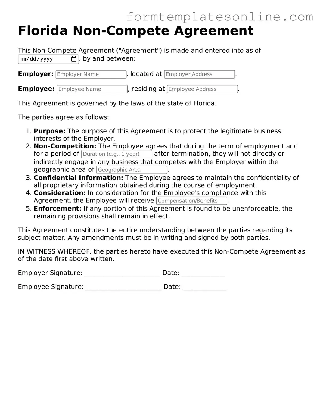 Valid  Non-compete Agreement Form for Florida