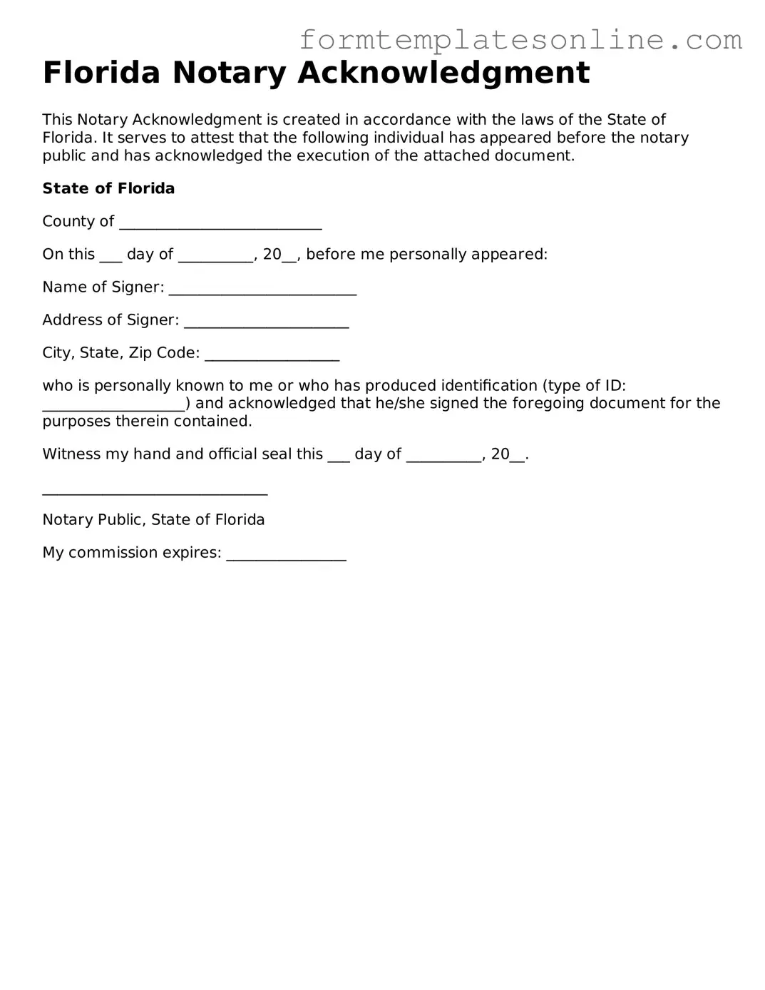Valid Notary Acknowledgement Form for Florida