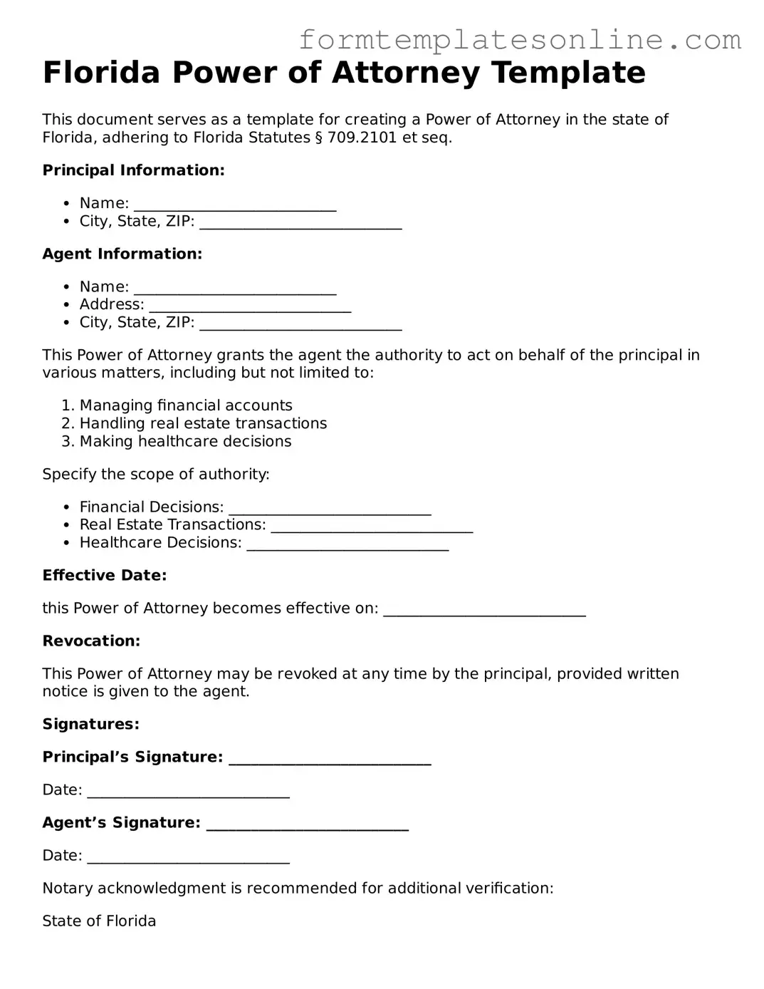 Valid  Power of Attorney Form for Florida