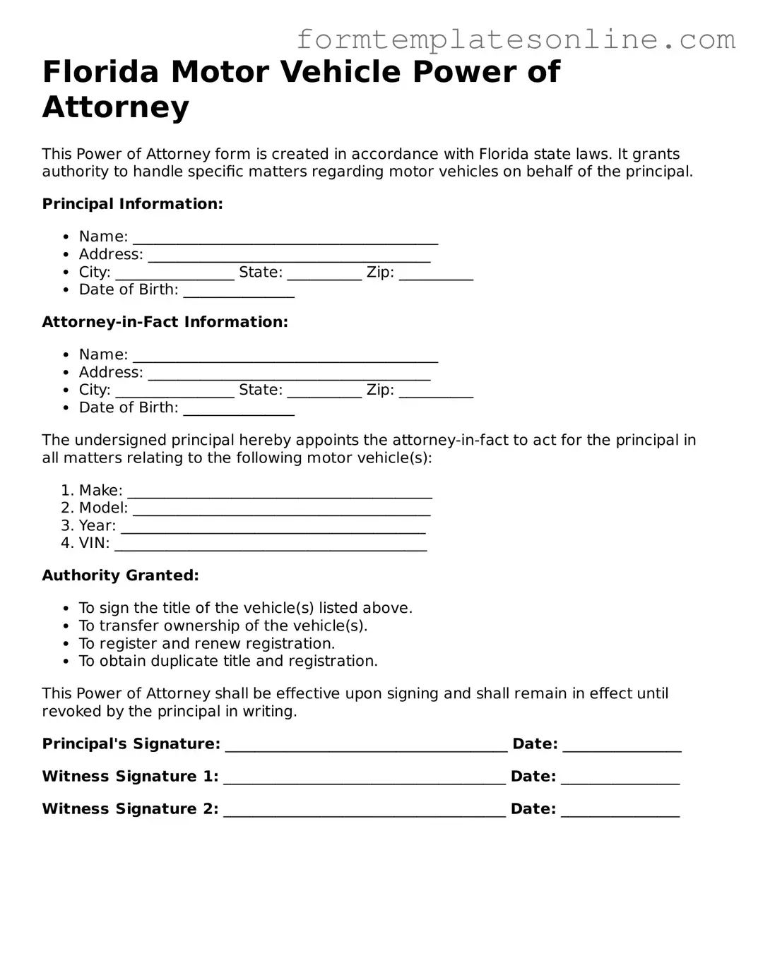 Valid  Motor Vehicle Power of Attorney Form for Florida