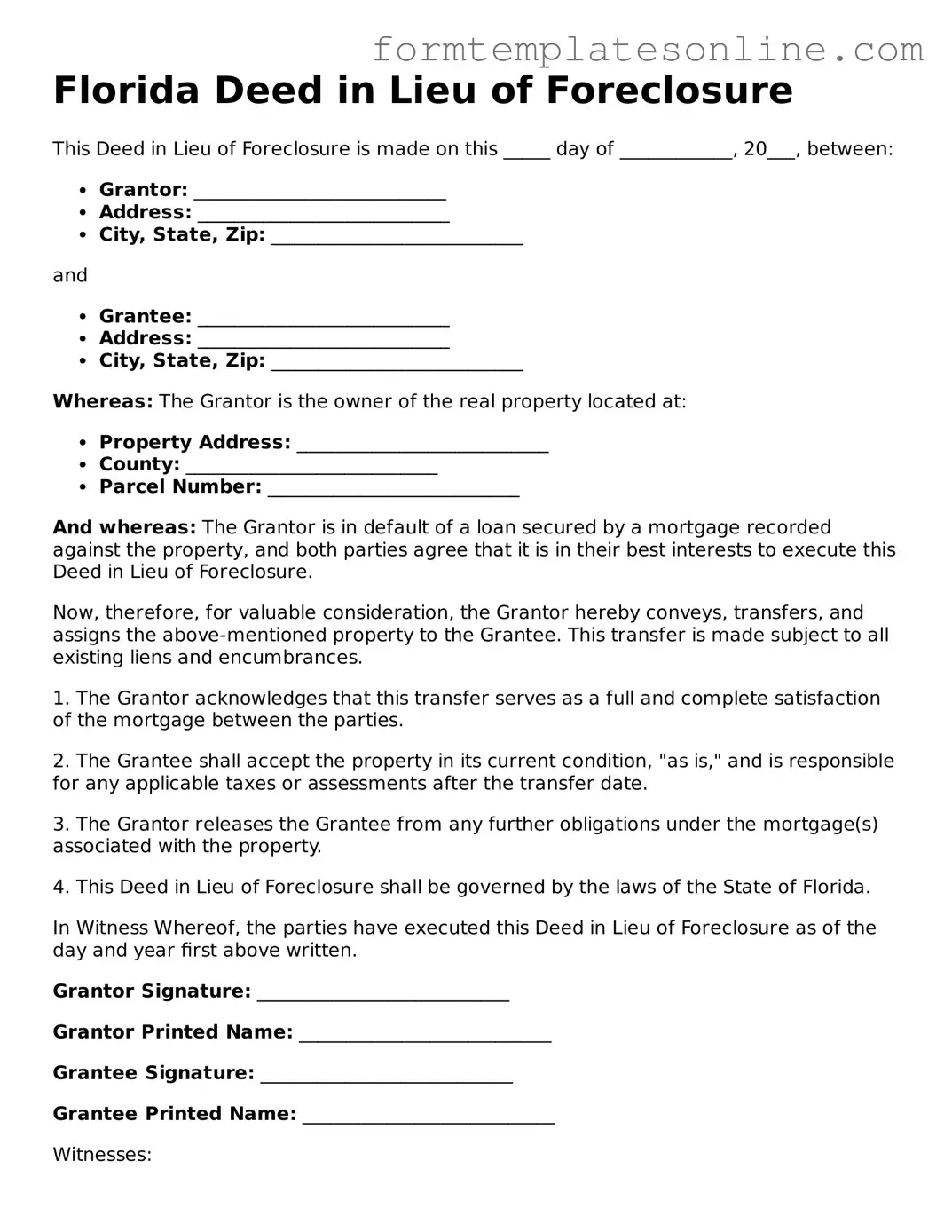Valid  Deed in Lieu of Foreclosure Form for Florida