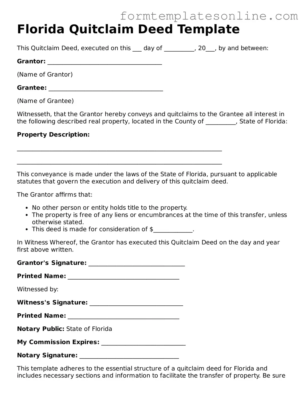 Valid  Quitclaim Deed Form for Florida