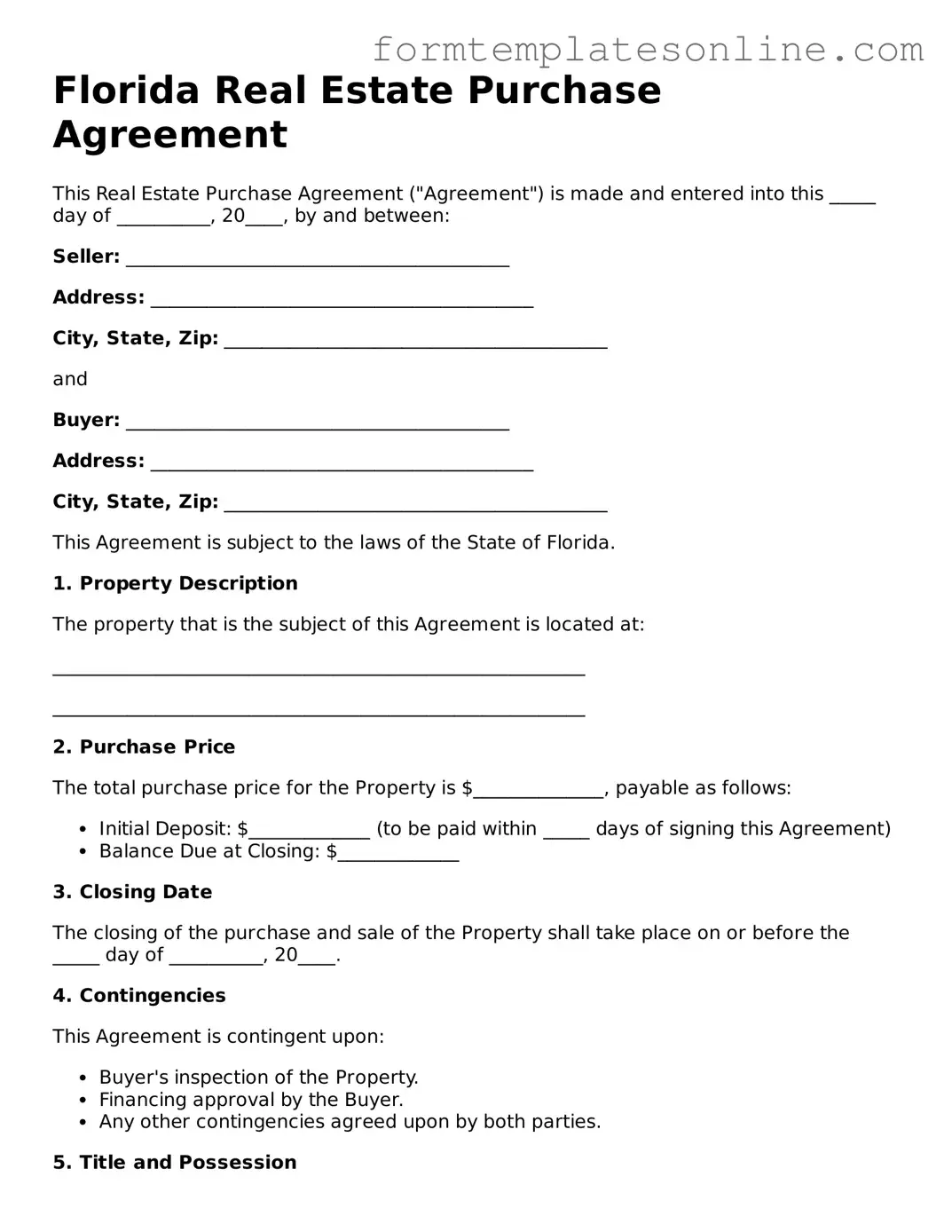 Valid  Real Estate Purchase Agreement Form for Florida