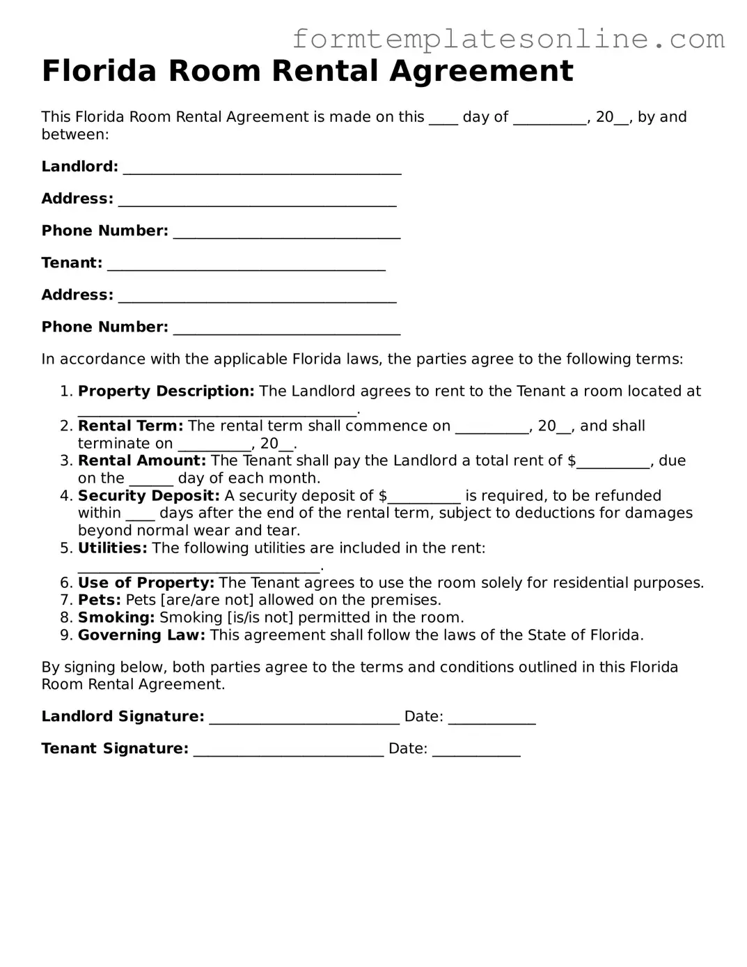 Valid  Room Rental Agreement Form for Florida