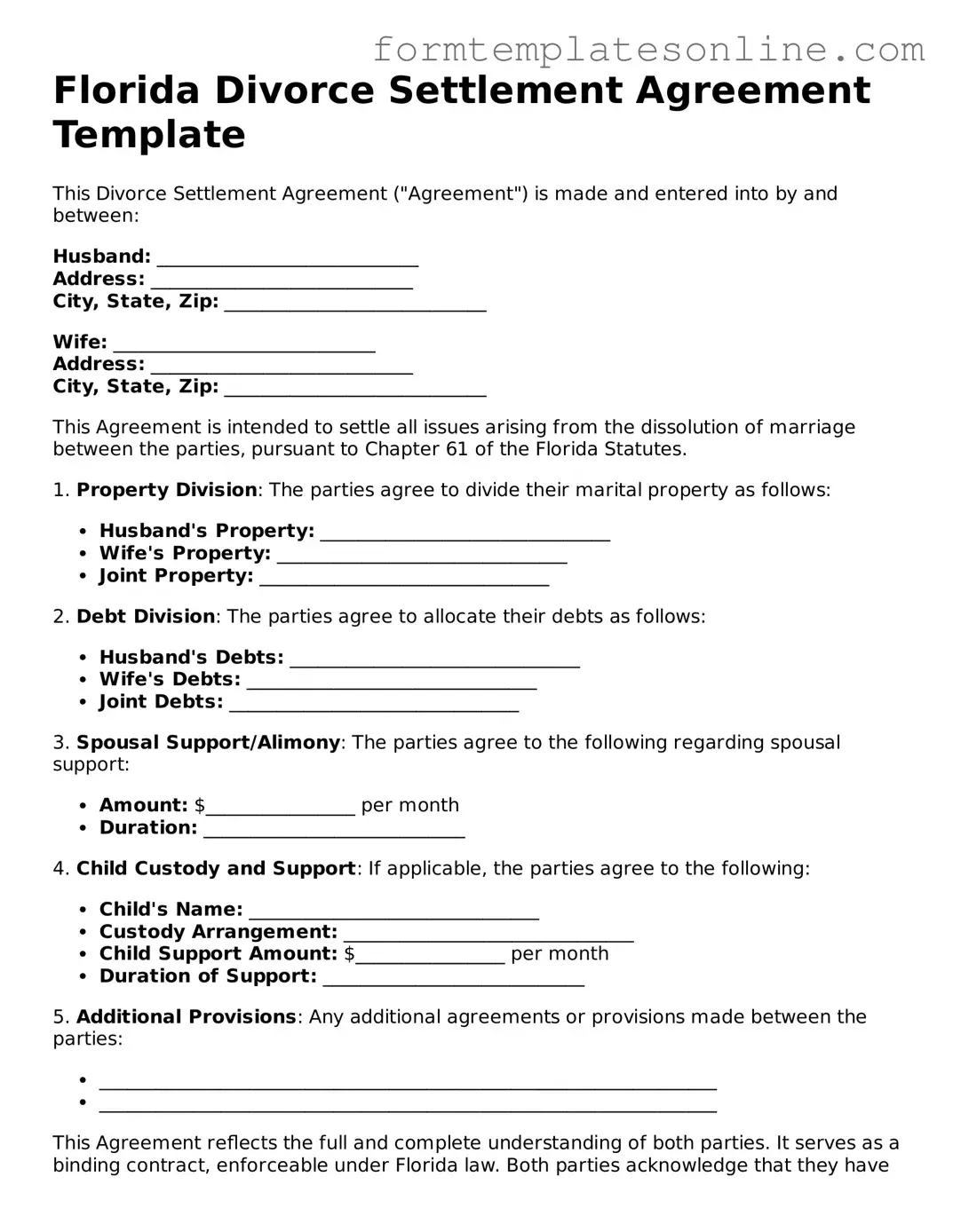 Valid  Divorce Settlement Agreement Form for Florida