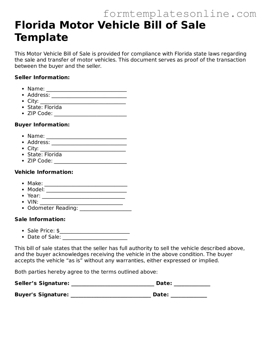 Valid  Motor Vehicle Bill of Sale Form for Florida