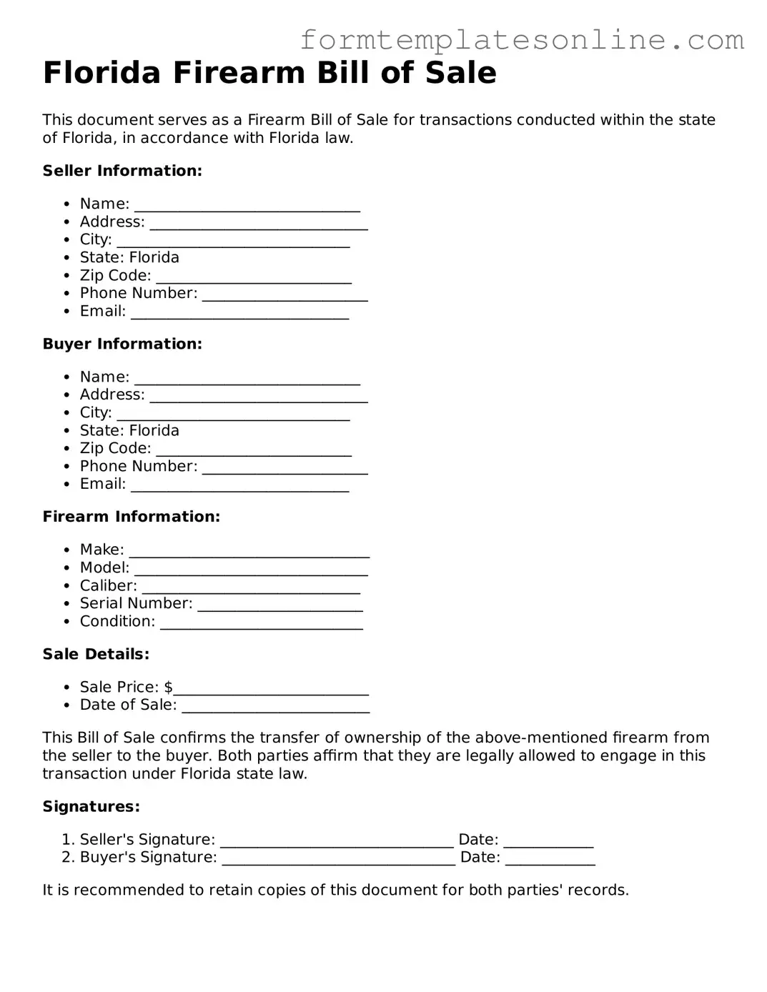 Valid  Firearm Bill of Sale Form for Florida