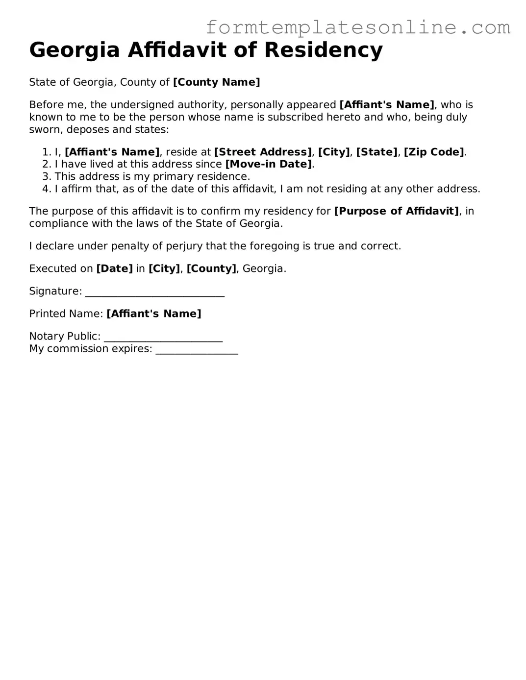 Valid  Affidavit of Residency Form for Georgia