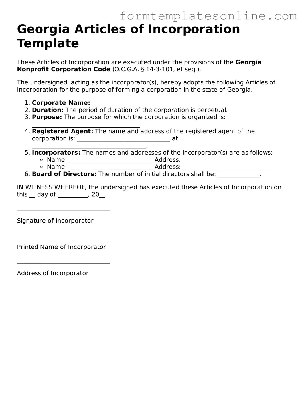 Valid  Articles of Incorporation Form for Georgia