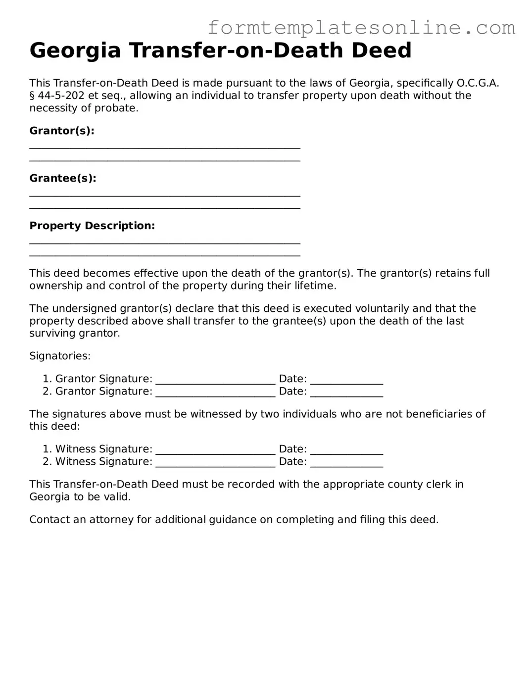 Valid  Transfer-on-Death Deed Form for Georgia