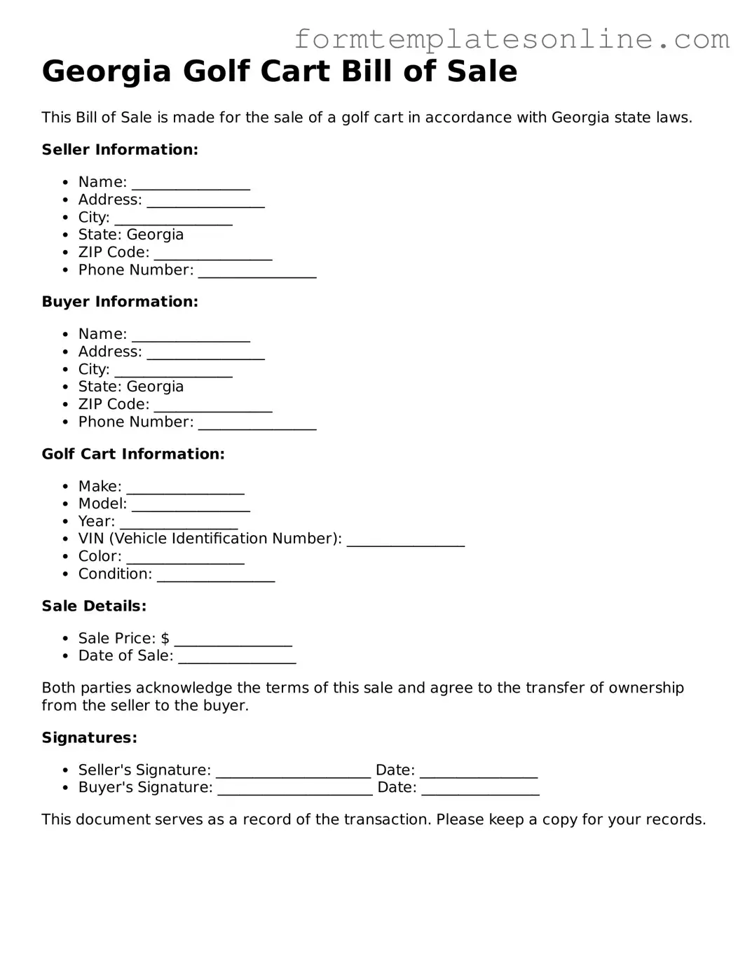 Valid  Golf Cart Bill of Sale Form for Georgia