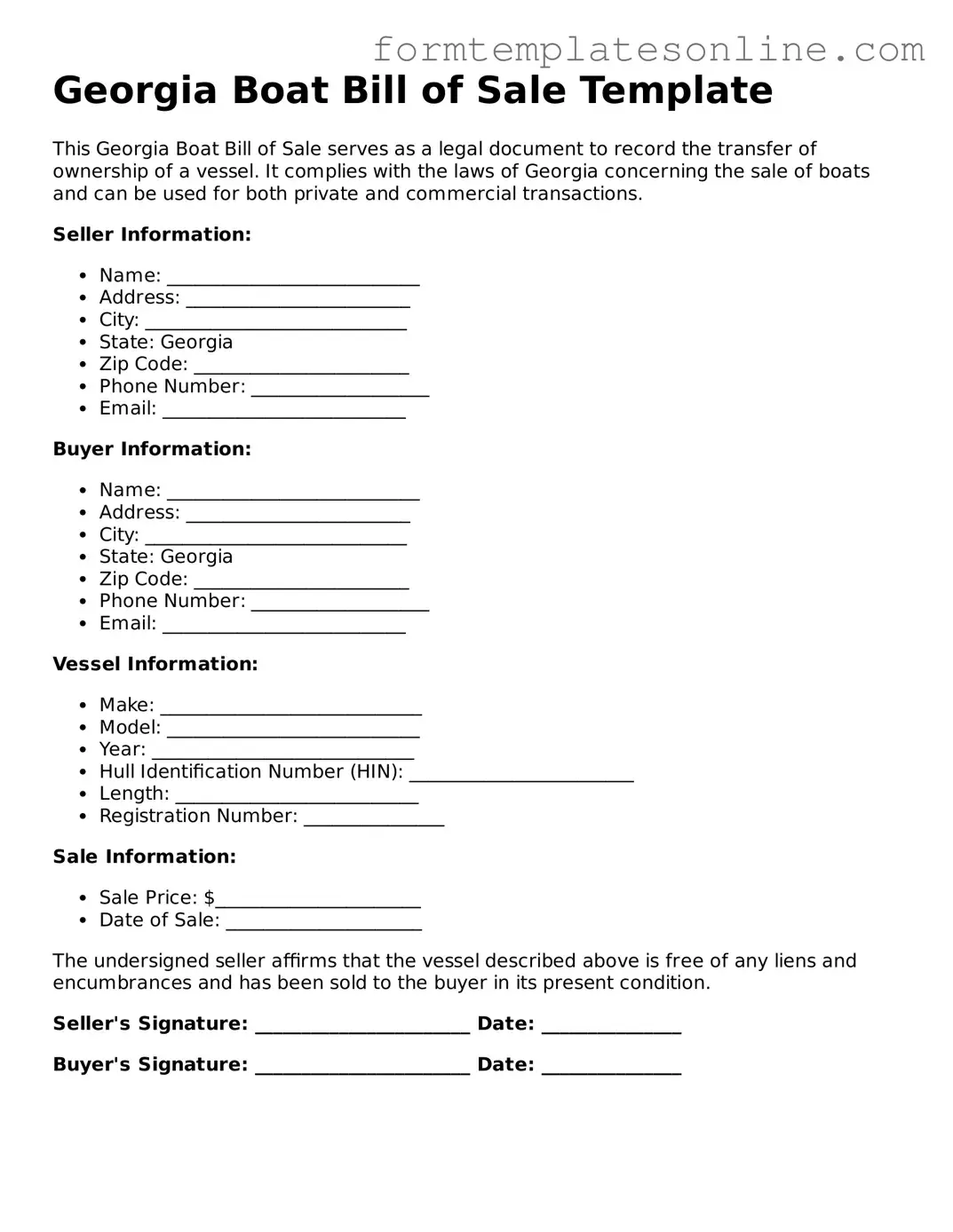 Valid  Boat Bill of Sale Form for Georgia