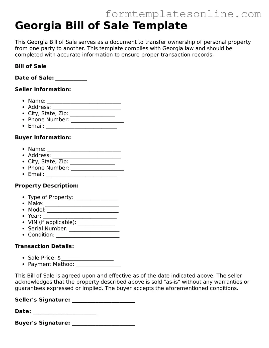 Valid  Bill of Sale Form for Georgia